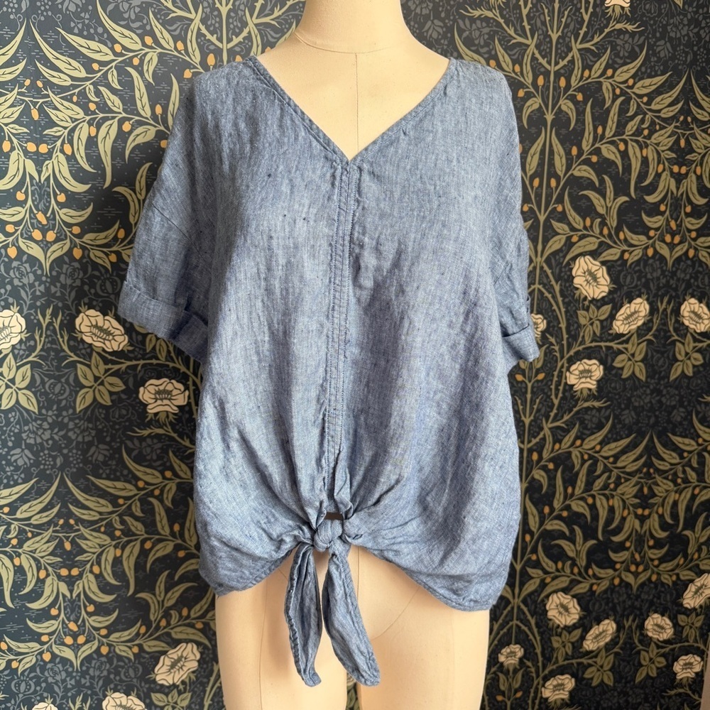 Charter Club Luxury Linen Front Tie Blue Lagenlook Top - Picture 1 of 10